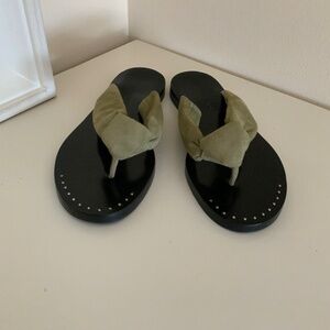 Freda Salvador Suede Studded Olive Green Thongs Slide Sandals